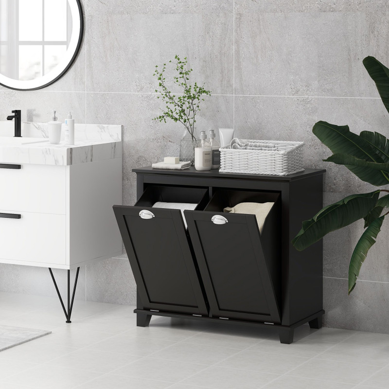 Tilt-Out Laundry Storage Cabinet, Bathroom Storage Organizer with Two-Compartment Tilt Out Hamper, Black
