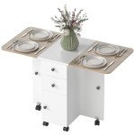 Drop Leaf Dining Table, Mobile Folding Table on Wheels with Drawers and Cabinet for Dining Room, Kitchen, White and Oak