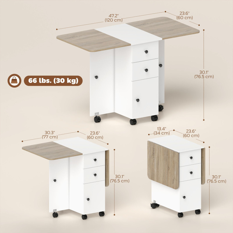 Drop Leaf Dining Table, Mobile Folding Table on Wheels with Drawers and Cabinet for Dining Room, Kitchen, White and Oak