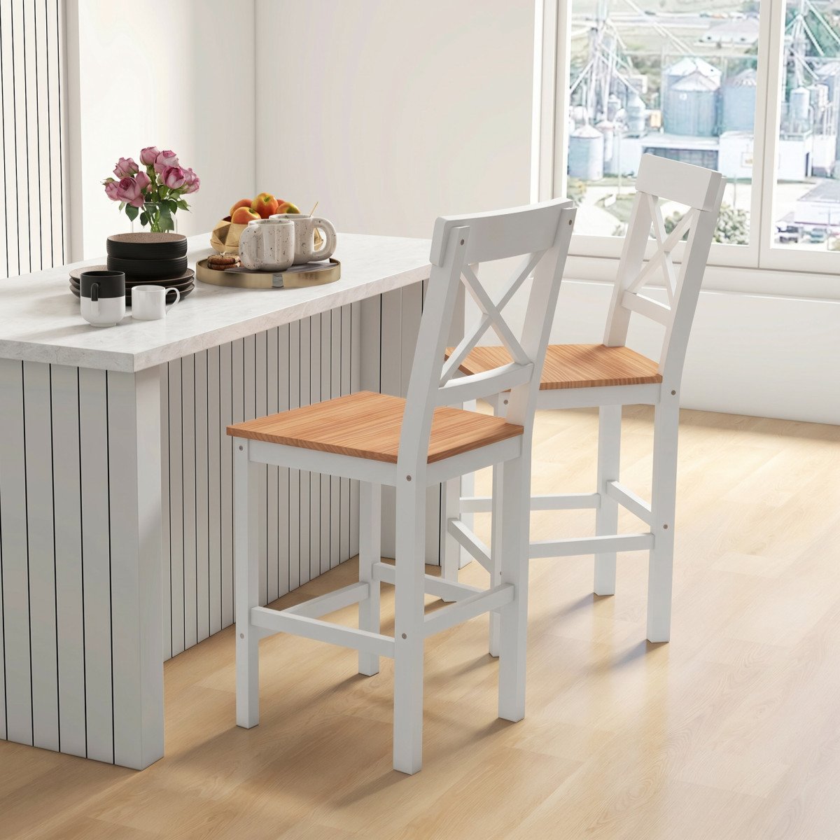 Counter Height Stools Set of 2, Farmhouse Bar Stools with Backs, Solid Wood Counter Stools for Kitchen Island