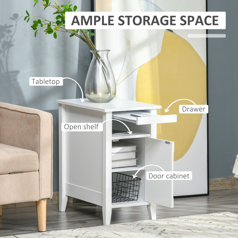 Wooden3-Tier Modern Nightstand with Pullout Shelf, Adjustable Open Shelf, and Door Cabinet, White