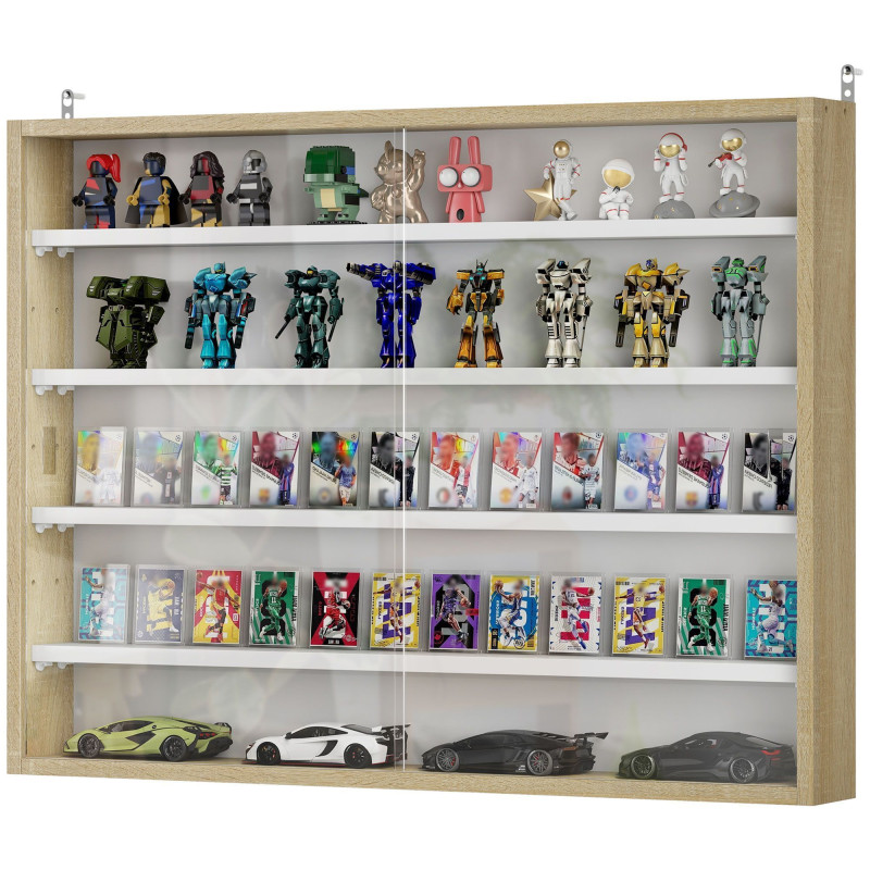 5-Tier Display Cabinet, Shot Glass Display Case, Glass Curio Cabinet with 2 Glass Doors and 4 Adjustable Shelves, Oak