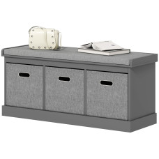 Shoe Storage Bench with Seat, Entryway Bench Seat with Cushion, 3 Fabric Drawers for Hallway, Grey