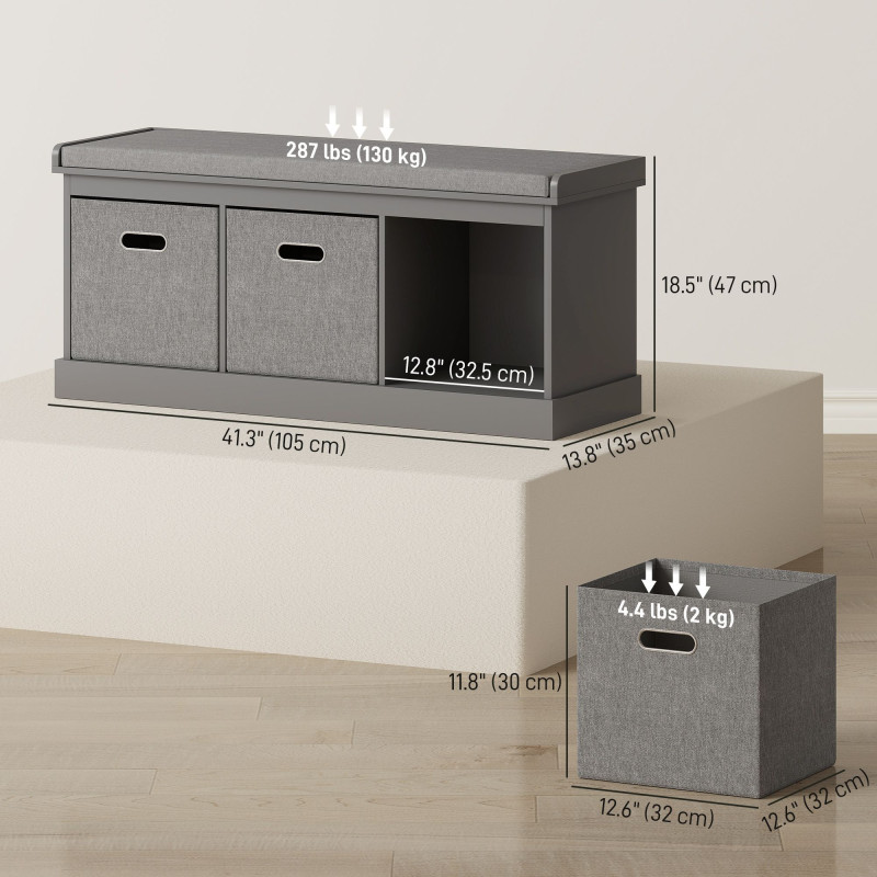 Shoe Storage Bench with Seat, Entryway Bench Seat with Cushion, 3 Fabric Drawers for Hallway, Grey