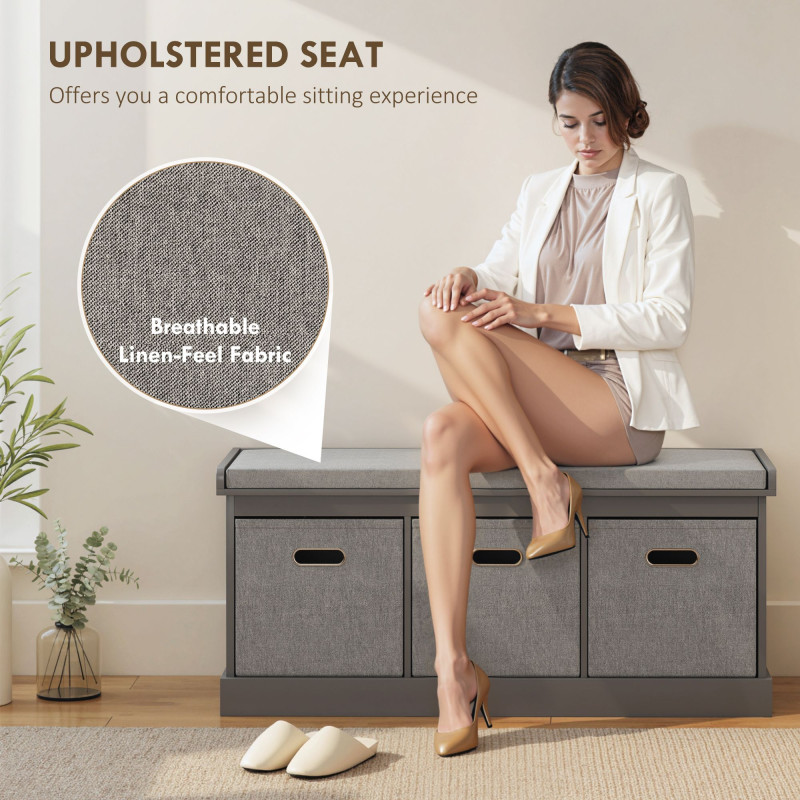 Shoe Storage Bench with Seat, Entryway Bench Seat with Cushion, 3 Fabric Drawers for Hallway, Grey