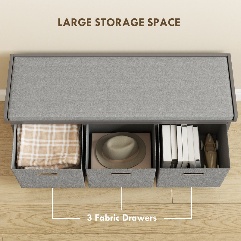 Shoe Storage Bench with Seat, Entryway Bench Seat with Cushion, 3 Fabric Drawers for Hallway, Grey