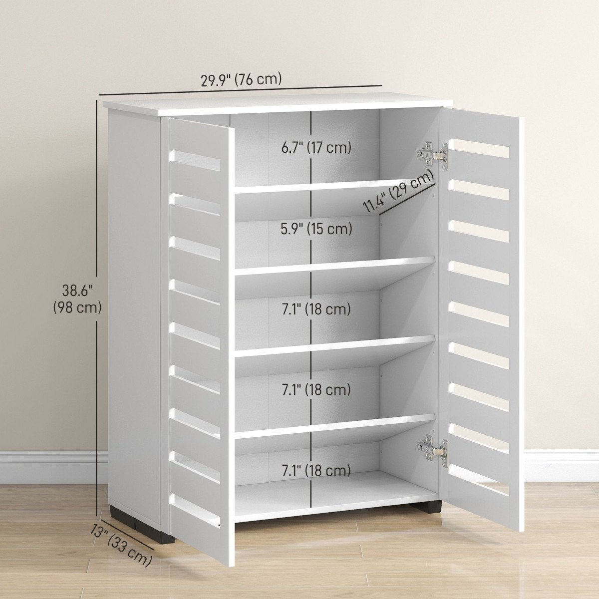 Shoe Storage Cabinet, Shoe Cabinet with 2 Slatted Doors for 15 Pairs of Shoes, White