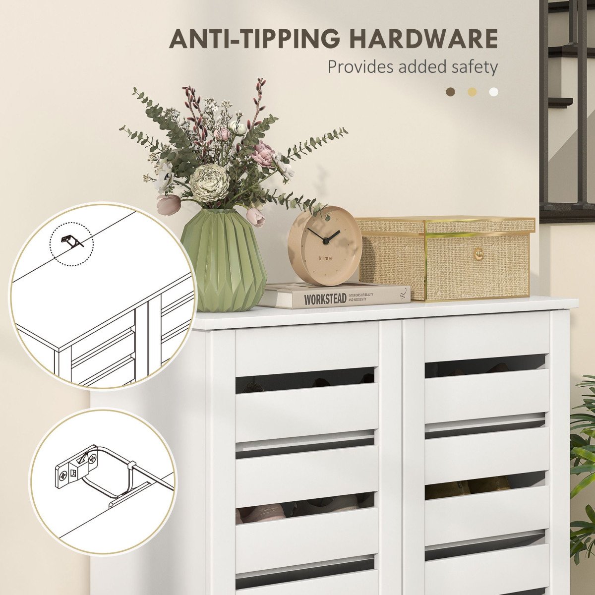 Shoe Storage Cabinet, Shoe Cabinet with 2 Slatted Doors for 15 Pairs of Shoes, White