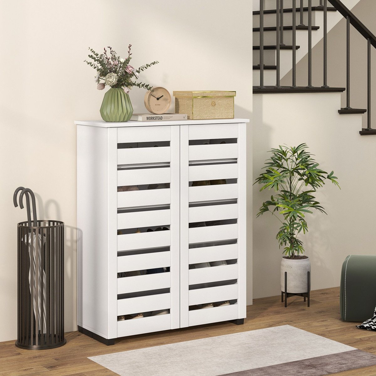 Shoe Storage Cabinet, Shoe Cabinet with 2 Slatted Doors for 15 Pairs of Shoes, White