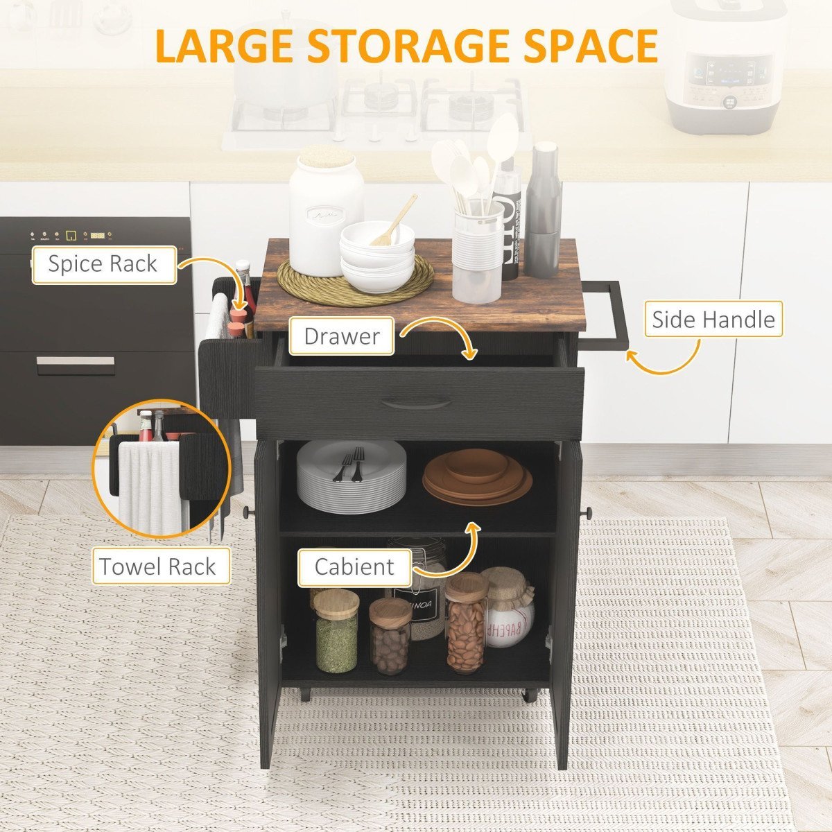 Modern Rolling Kitchen Island Cart with Drawer, Natural Wood Top, Towel Rack, Door Storage Cabinet, Distressed Black