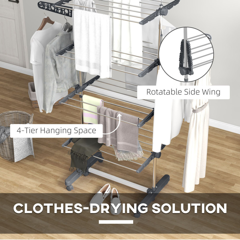 Garment Drying Rack Stainless Steel Folding Clothes Hanging Rack with Side Wings Castors for Indoor Outdoor Grey