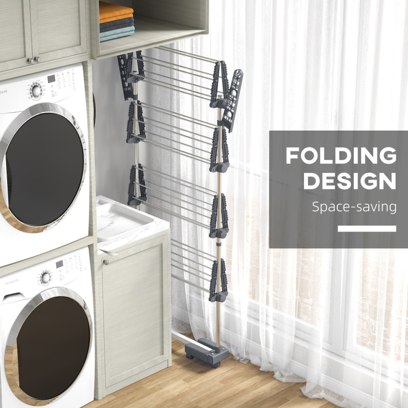 Garment Drying Rack Stainless Steel Folding Clothes Hanging Rack with Side Wings Castors for Indoor Outdoor Grey