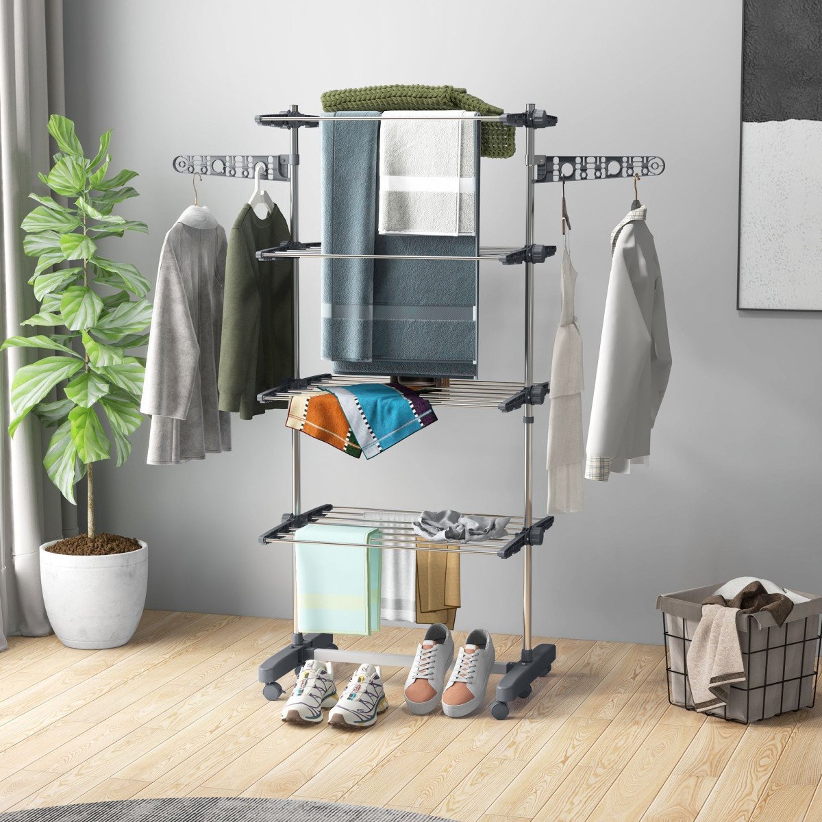 Garment Drying Rack Stainless Steel Folding Clothes Hanging Rack with Side Wings Castors for Indoor Outdoor Grey