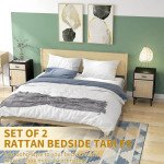 Boho Bedside Tables Set of 2, Nightstands with Drawer, Rattan Cabinet, Adjustable Shelf for Bedroom, Living Room, Black