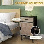 Boho Bedside Tables Set of 2, Nightstands with Drawer, Rattan Cabinet, Adjustable Shelf for Bedroom, Living Room, Black