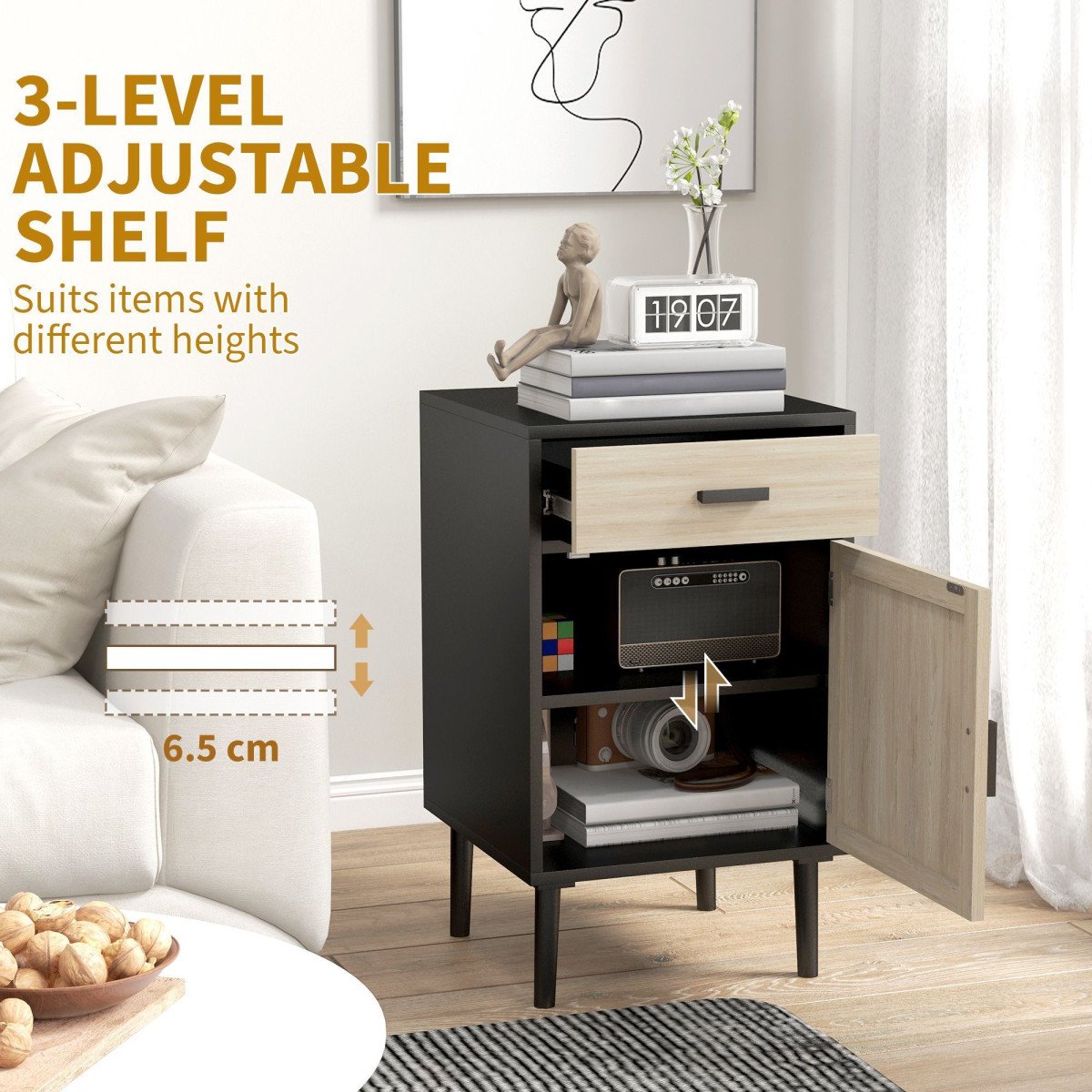 Boho Bedside Tables Set of 2, Nightstands with Drawer, Rattan Cabinet, Adjustable Shelf for Bedroom, Living Room, Black