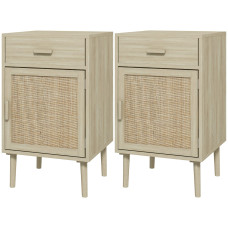 Boho Bedside Tables Set of 2, Nightstands with Drawer, Rattan Cabinet, Adjustable Shelf for Bedroom, Living Room, Oak
