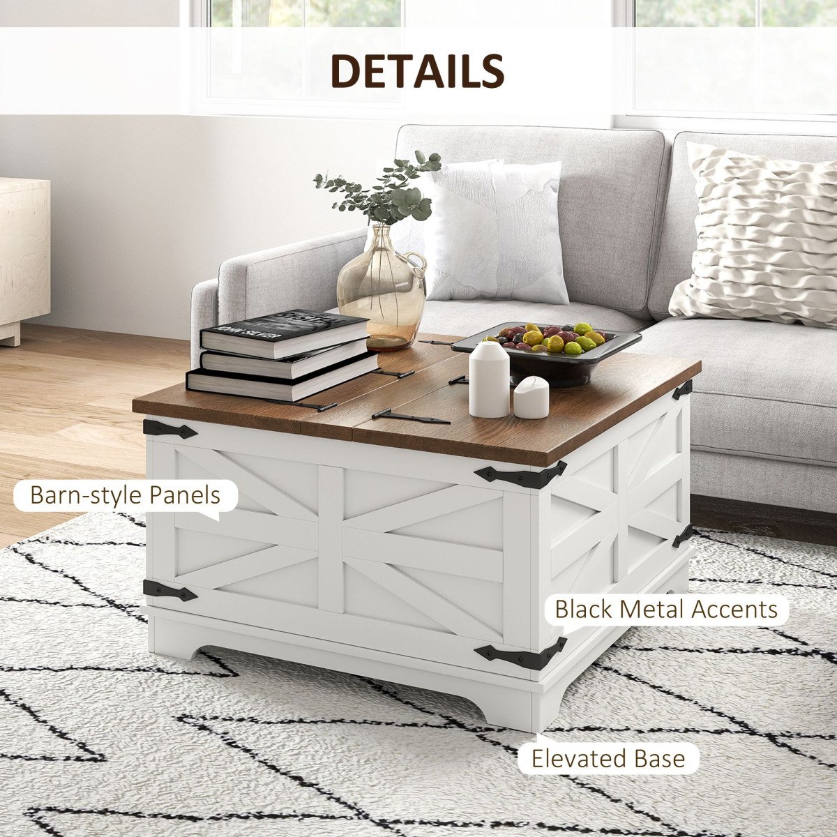 Farmhouse Coffee Table, Square Center Table with Flip-top Lids, Hidden Storage Compartment, White