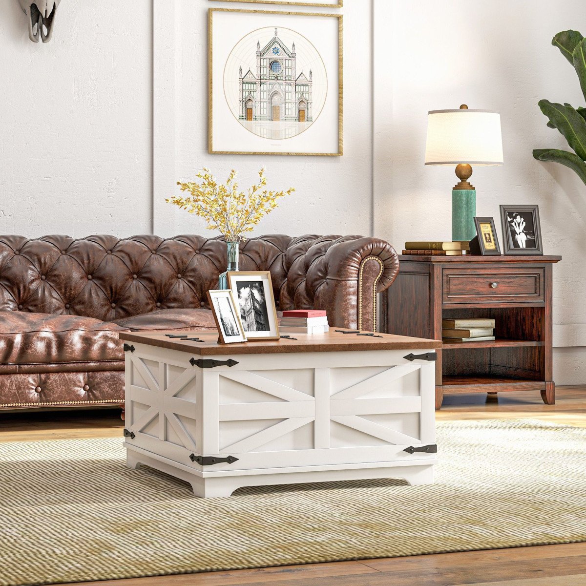 Farmhouse Coffee Table, Square Center Table with Flip-top Lids, Hidden Storage Compartment, White