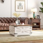 Farmhouse Coffee Table, Square Center Table with Flip-top Lids, Hidden Storage Compartment, White