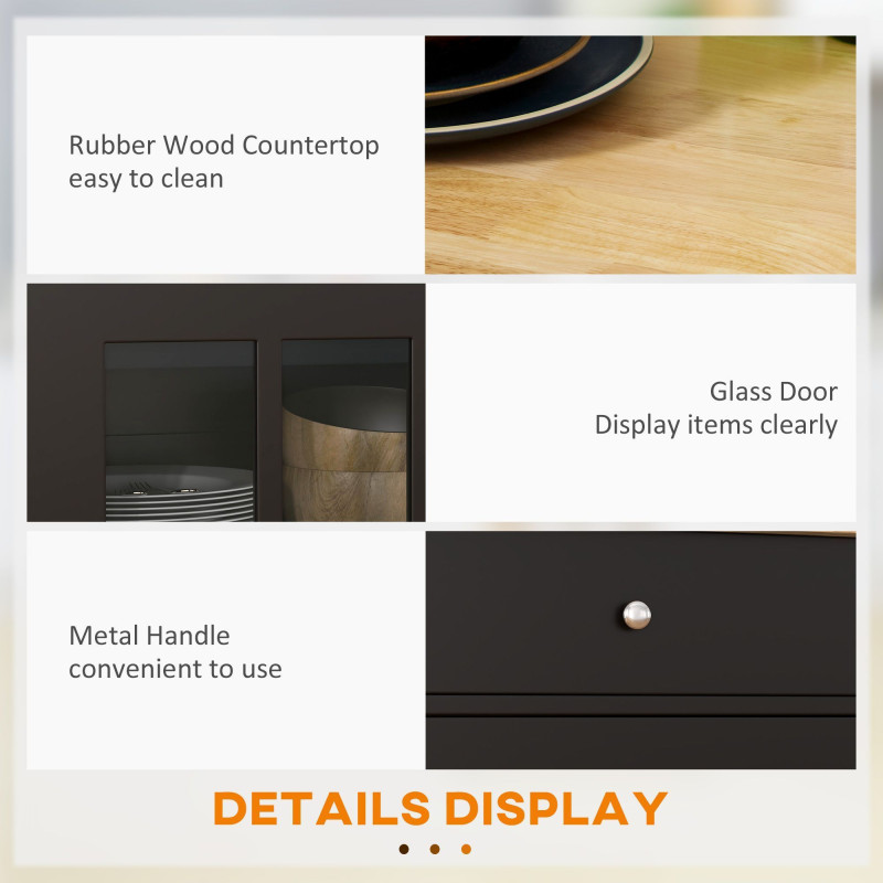 Rolling Kitchen Cart with Drawer and Glass Door Cabinet, Kitchen Island on Wheels with Towel Rack, Black