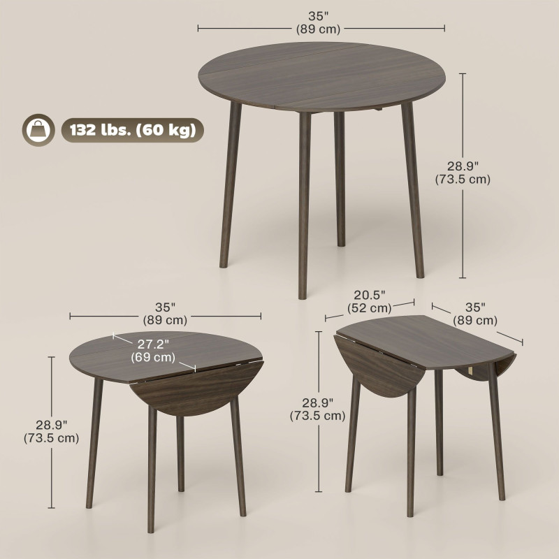 Folding Dining Table, Round Drop Leaf Kitchen Table for Small Spaces with Wood Legs, Distressed Grey