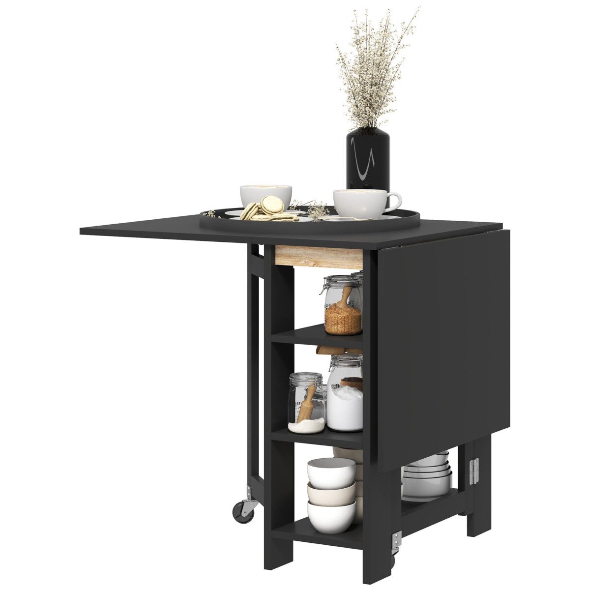 Folding Dining Table with Storage, Drop Leaf Kitchen Table for Small Spaces, Black