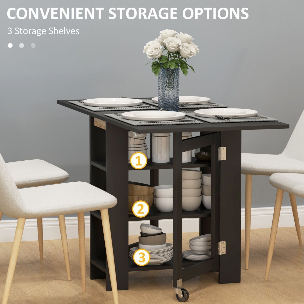 Folding Dining Table with Storage, Drop Leaf Kitchen Table for Small Spaces, Black
