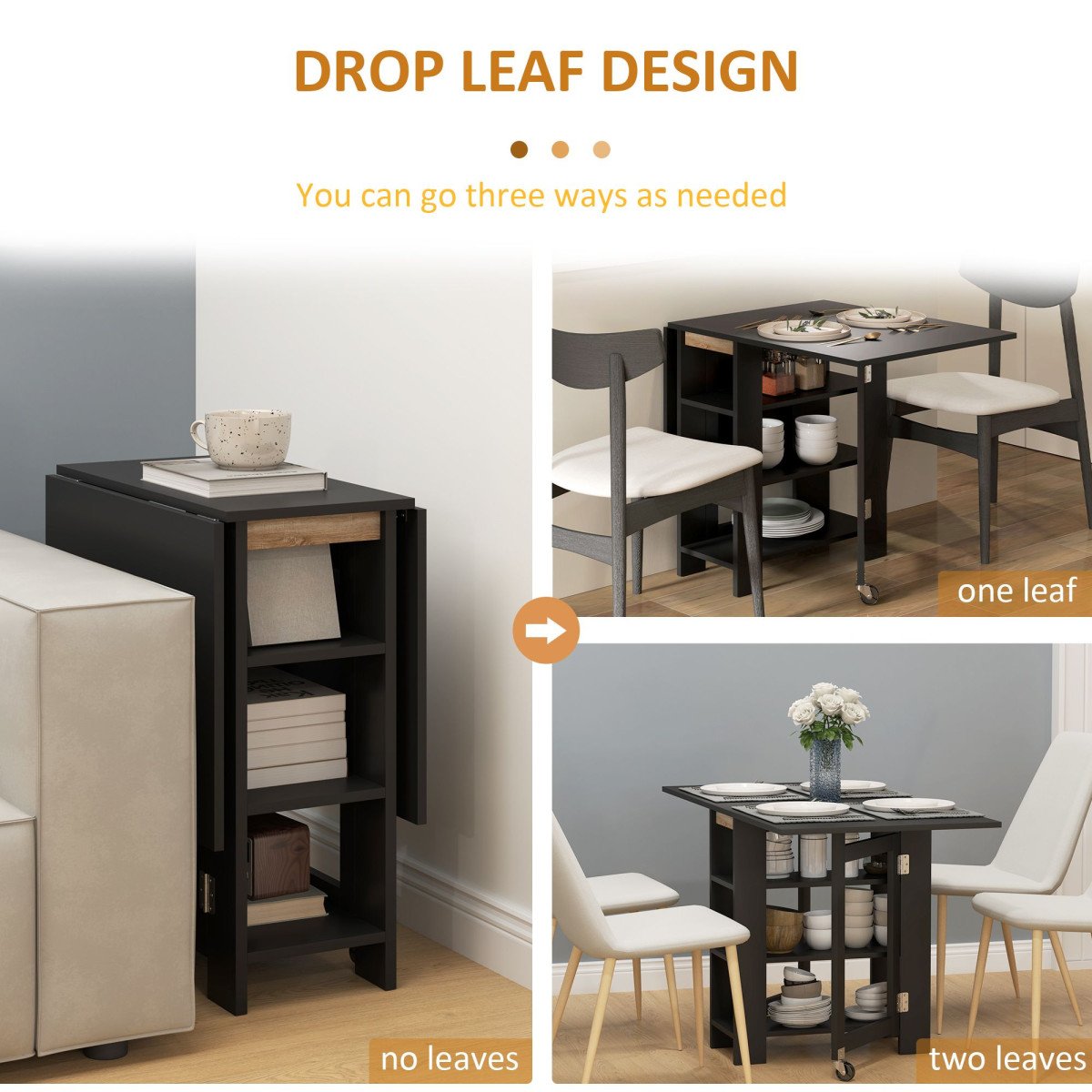 Folding Dining Table with Storage, Drop Leaf Kitchen Table for Small Spaces, Black