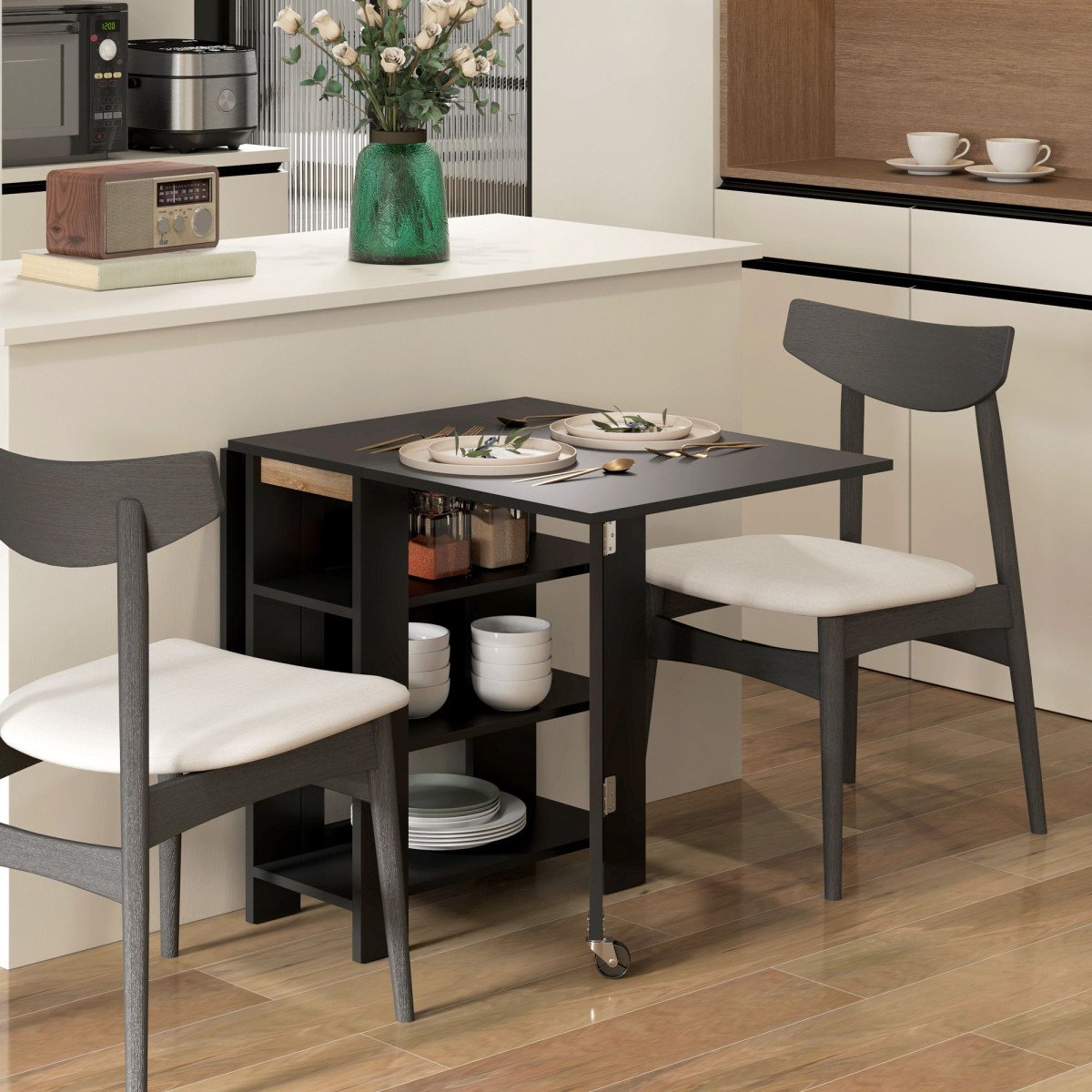 Folding Dining Table with Storage, Drop Leaf Kitchen Table for Small Spaces, Black