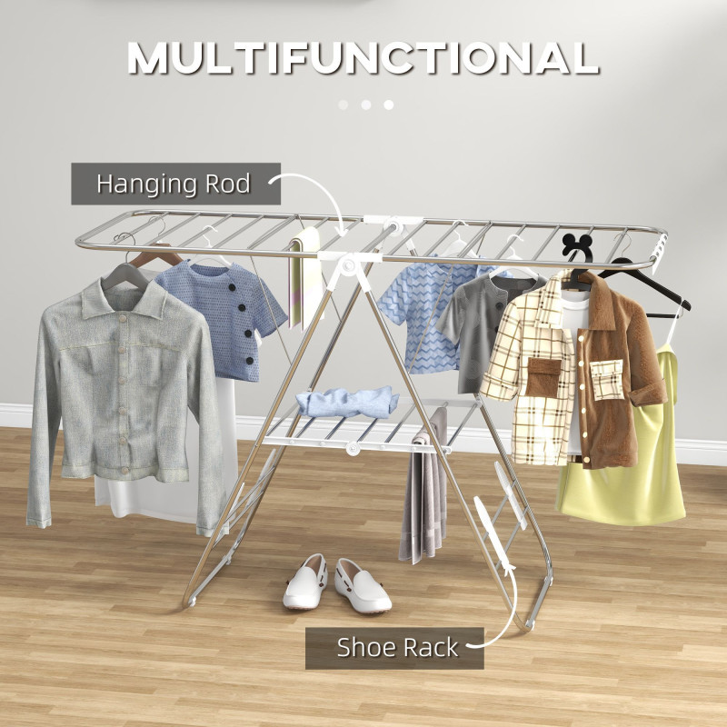 Clothes Drying Rack, 2-Tier Stainless Steel Foldable Laundry Rack with Adjustable Wings and Shoe Holders, Silver