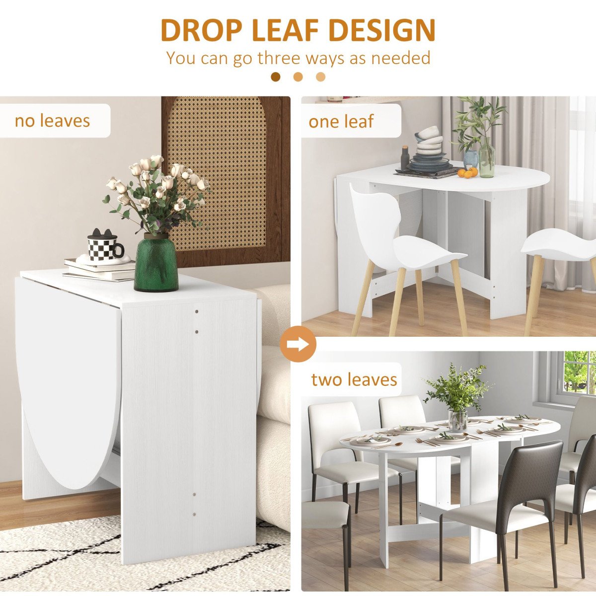 Oval Folding Dining Table, Space Saving Drop Leaf Kitchen Table for Dining Room, Living Room, Distressed White