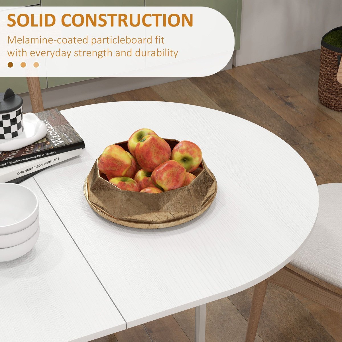 Oval Folding Dining Table, Space Saving Drop Leaf Kitchen Table for Dining Room, Living Room, Distressed White