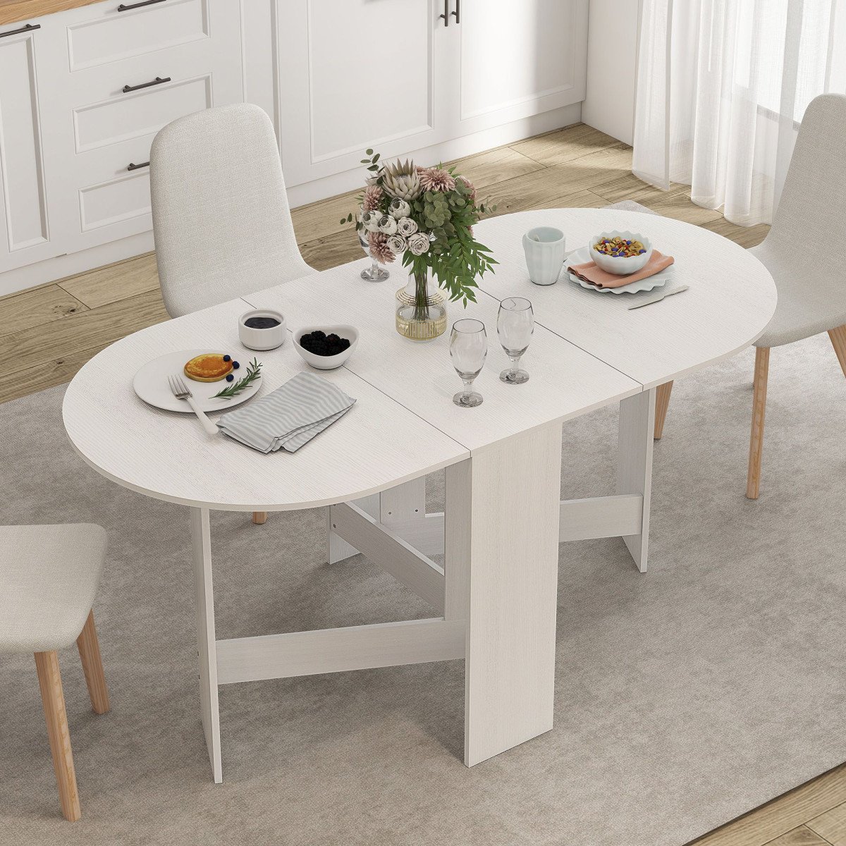 Oval Folding Dining Table, Space Saving Drop Leaf Kitchen Table for Dining Room, Living Room, Distressed White