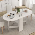 Oval Folding Dining Table, Space Saving Drop Leaf Kitchen Table for Dining Room, Living Room, Distressed White