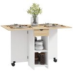 Folding Dining Table, Space Saving Drop Leaf Table with Drawer and Storage Shelves for Kitchen, Dining Room, Oak