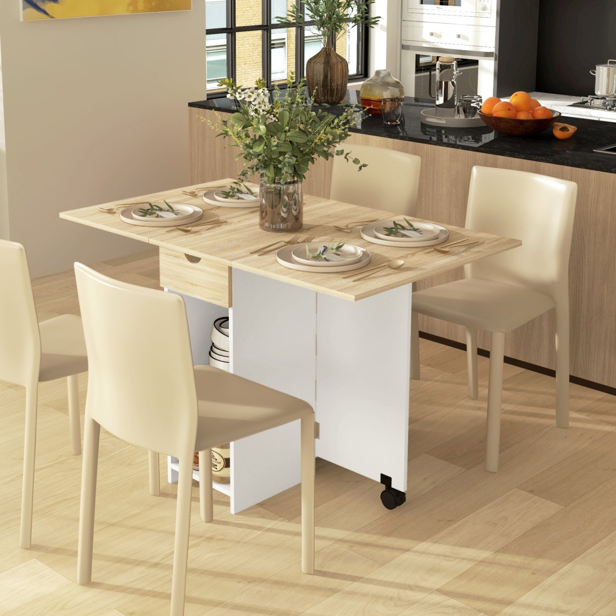 Folding Dining Table, Space Saving Drop Leaf Table with Drawer and Storage Shelves for Kitchen, Dining Room, Oak