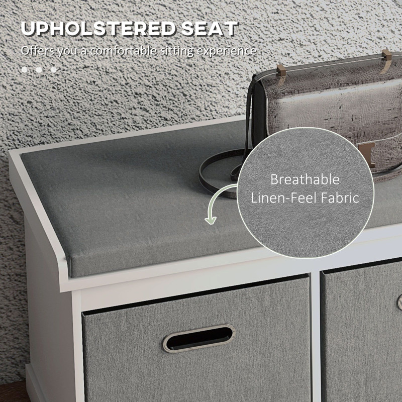 Shoe Storage Bench with Seat, Entryway Bench Seat with Cushion, 2 Fabric Drawers for Hallway, White