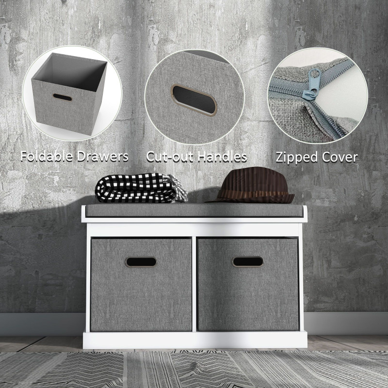 Shoe Storage Bench with Seat, Entryway Bench Seat with Cushion, 2 Fabric Drawers for Hallway, White