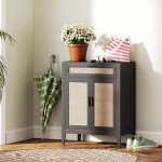 Kitchen Sideboard, Boho Storage Cabinet with 2 Rattan Decorated Doors and Drawer for Dining Room, Black