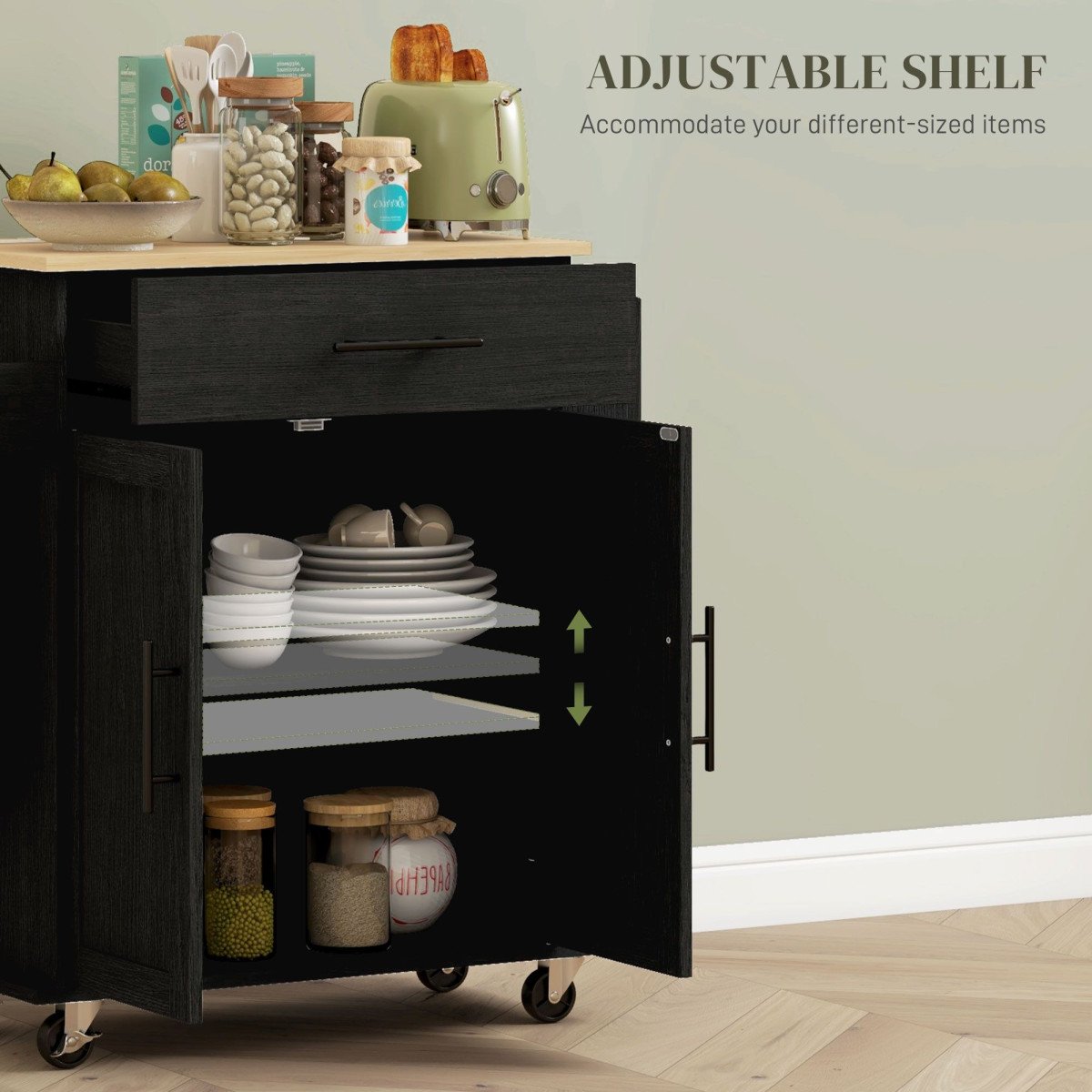 Rolling Island with Wheels for Kitchen, Kitchen Island on Rollers with Power Outlets, Drawer and Doors