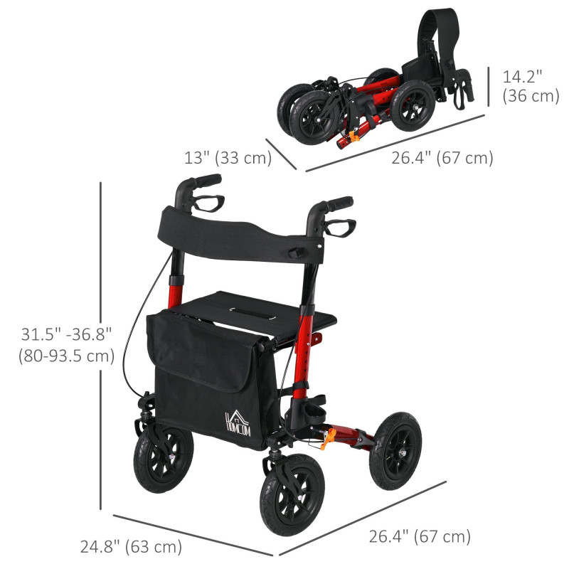 Rollator for Seniors with Seat, Rubber Wheels, Aluminum Folding Rolling Walker with Adjustable Handle, Bag, Red