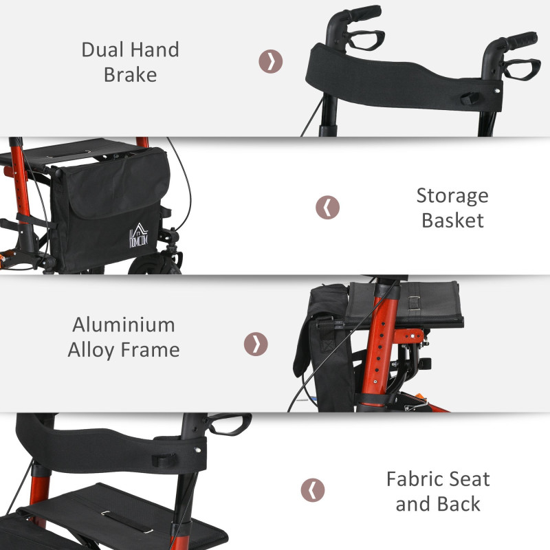Rollator for Seniors with Seat, Rubber Wheels, Aluminum Folding Rolling Walker with Adjustable Handle, Bag, Red
