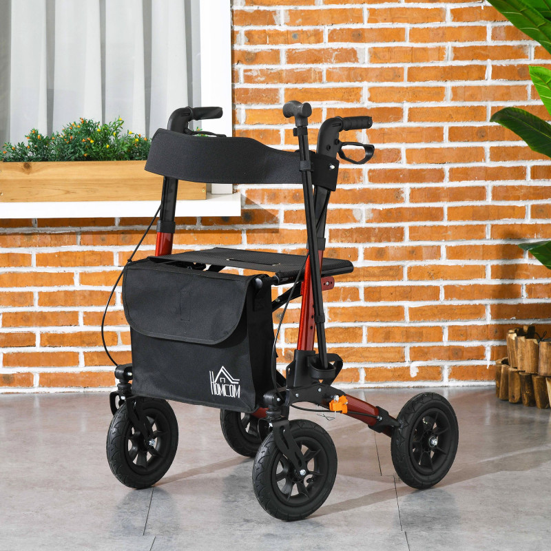 Rollator for Seniors with Seat, Rubber Wheels, Aluminum Folding Rolling Walker with Adjustable Handle, Bag, Red
