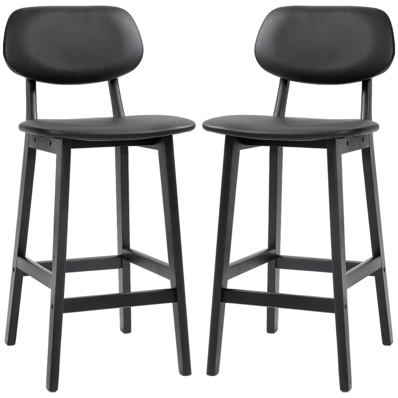 Bar Stools Set of 2, PU Leather Counter Height Barstools, Bar Chairs with Footrest and Solid Wood Legs, Black