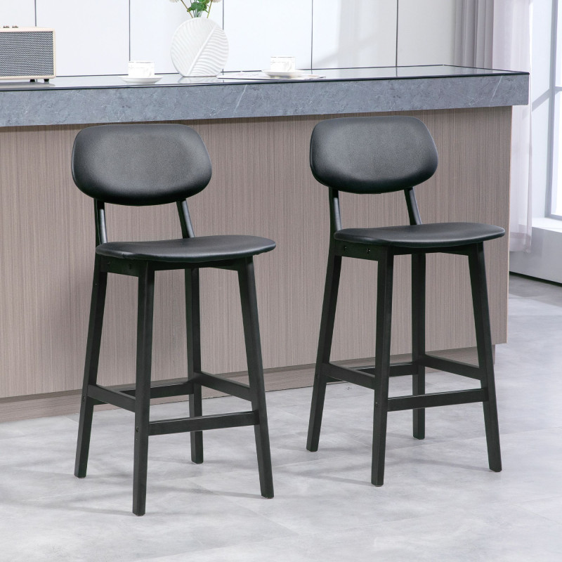 Bar Stools Set of 2, PU Leather Counter Height Barstools, Bar Chairs with Footrest and Solid Wood Legs, Black