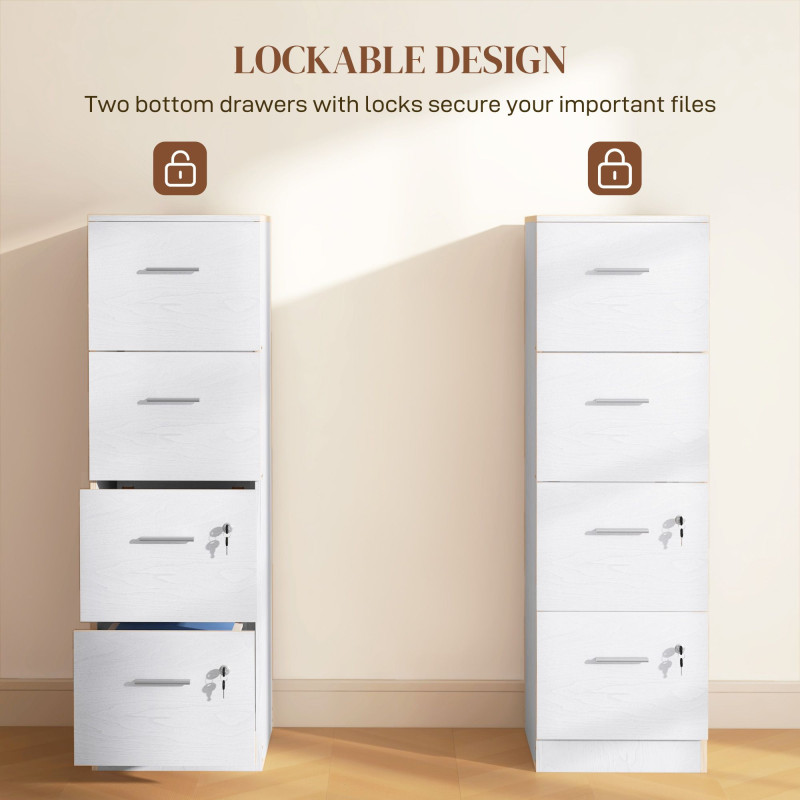 Vertical Filing Cabinet with Lock, 4 Drawer File Cabinet with Adjustable Hanging Bar for A4 and Letter Size, White