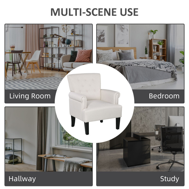 Armchair, Fabric Accent Chair, Modern Living Room Chair with Wood Legs and Rolled Arms for Bedroom, Cream White