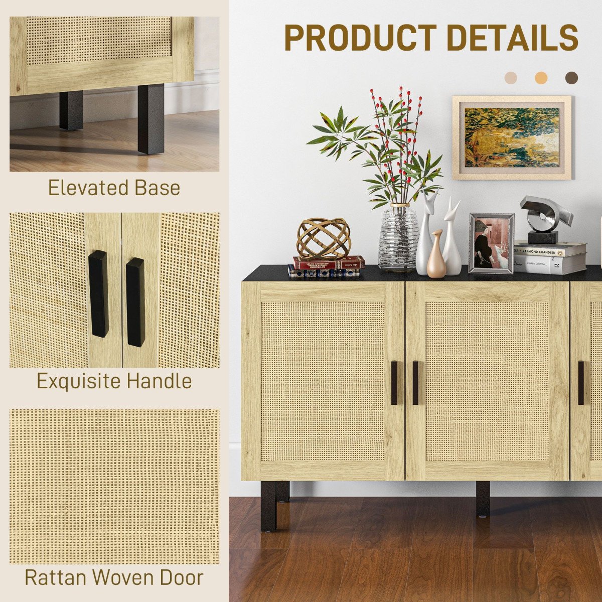 Boho Sideboard Buffet Cabinet with 3 Rattan Doors, Kitchen Cabinet with Adjustable Shelves, Black and Natural