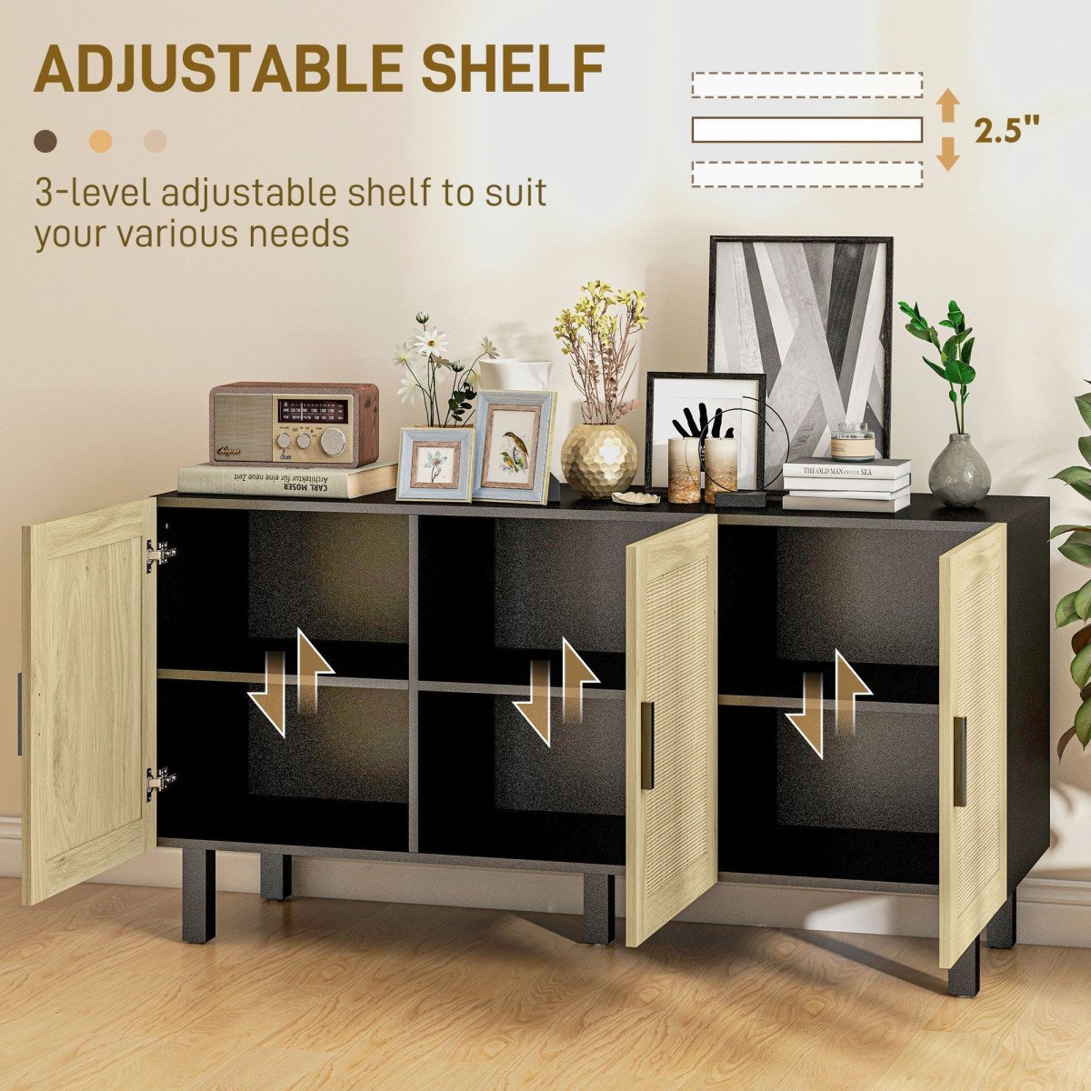 Boho Sideboard Buffet Cabinet with 3 Rattan Doors, Kitchen Cabinet with Adjustable Shelves, Black and Natural
